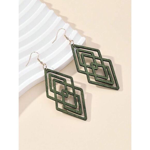 Handmade Boho Geometric Cutout Lightweight Wooden Statement Drop Earrings Green - Picture 1 of 3